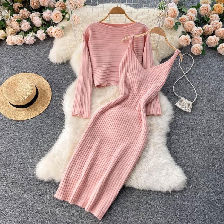 Women Autumn Winter Knit Set Slim Solid Color Two Piece All Match Crop Sweater Hip Dress For Ladies