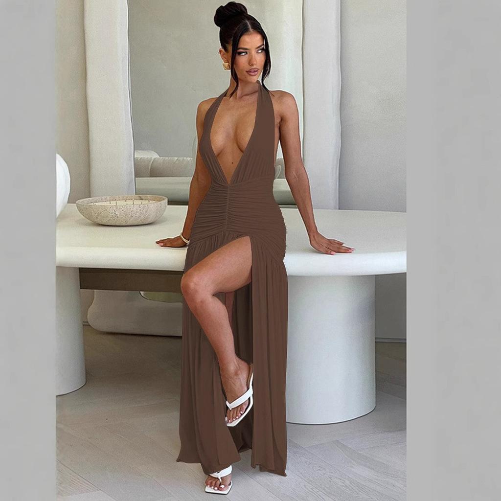 Women Summer Casua Halter Backless High Splice Solid Color Evening Party Dress