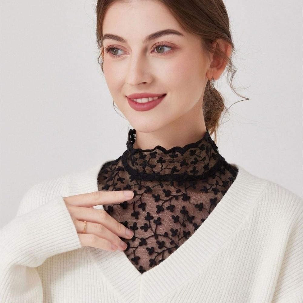 Transparent Lace Fake False Collar Hollow Floral Embroidery Petal Statement Collar Black and Apricot Elegant False Blouse Office