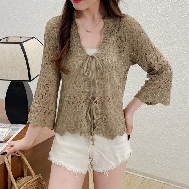 

Милый ажурный кардиган на шнуровке для женского летнего тонкого верха с маленькой шалью, однотонный трикотажный топ с длинными рукавами для женщин Average size 56-33 хаки