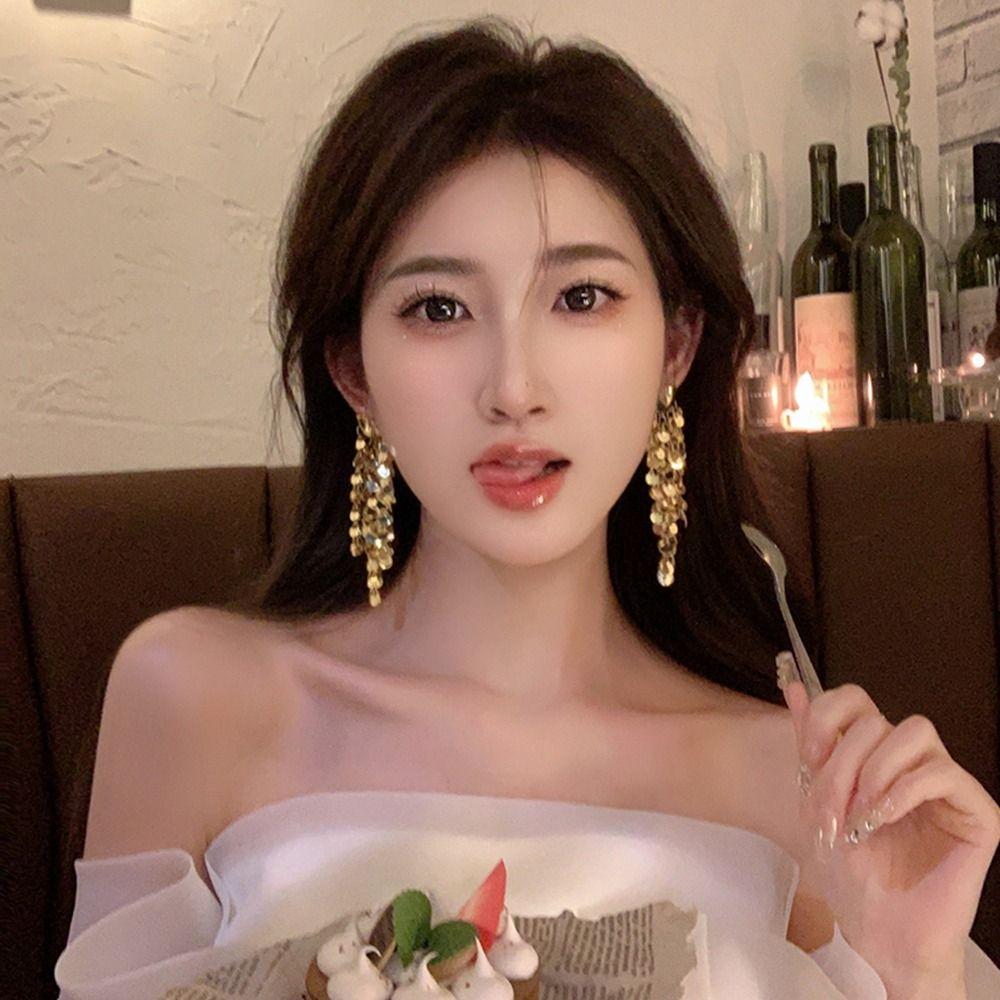 Zinc Zinc Alloy Metal Sequin Earrings Silver Gold Earrings Trendy Long Tassel Dangle Earrings  Girl