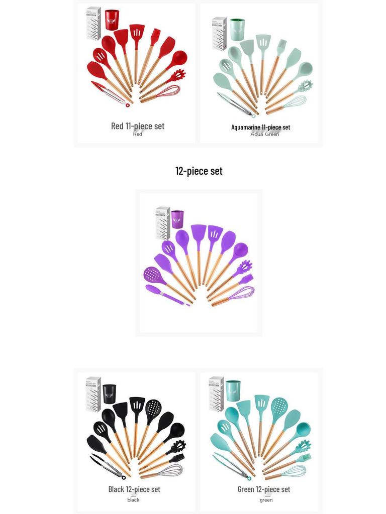 12-Piece Silicone Kitchen Utensil Set with Wooden Handles - Includes Spatula, Slotted Spoon, Frying Spatula, and Baking Tools