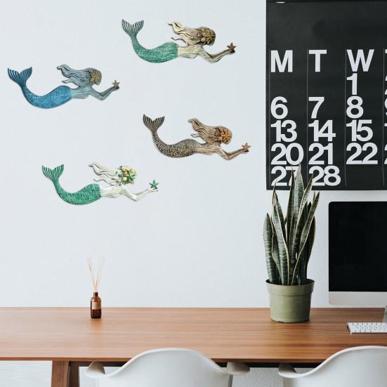4 Pcs Wooden Mermaid Beach Wall Decor Rustic Nautical Swimming Mermaid