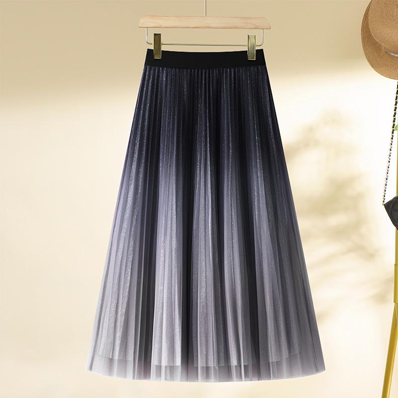 Women's Gradient Mesh Pleated Midi Skirt - 2025 Spring Collection, High Waist A-line with Slimming Drapes