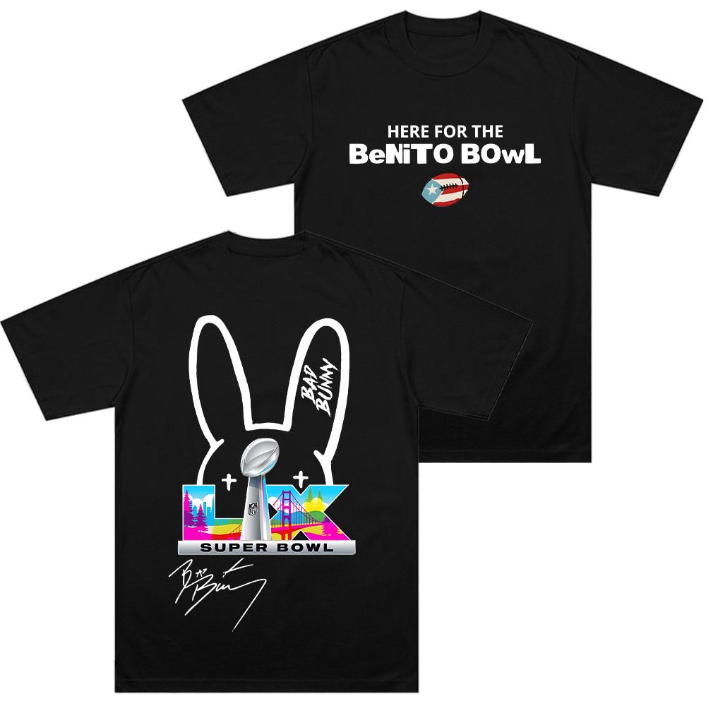 

Bad Bunny Супербоул LX Здесь для Benito Bowl Фирменные футболки Унисекс Графические Хлопок Круглый вырез Короткий рукав Топы XS чёрный