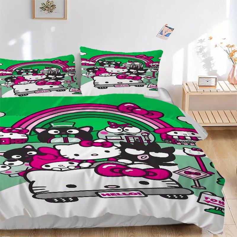 

3 шт. Комплект постельного белья с рисунком «Под радугой» Hello Kitty и друзья, 1* Пододеяльник + 2* Наволочки, Комплект постельного белья с принтом, Мягкий и удобный.S102 135x200cm