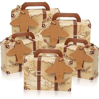 Mini scatole di caramelle vintage a forma di valigia con etichette e spago di juta per decorazioni a tema viaggio per matrimoni, feste nuziali, compleanni