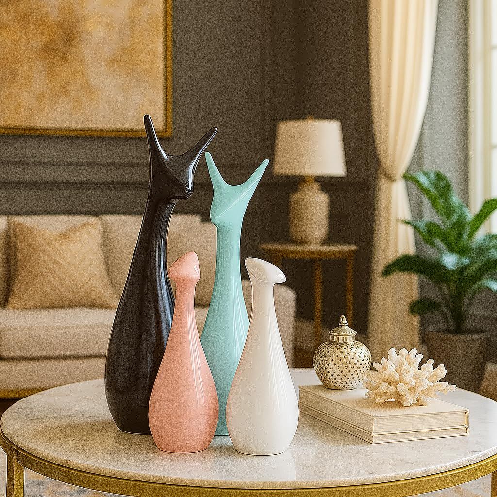 Home Decor Lucky Deer Family Matte Finish Ceramic Figures- (Set of 4, Sky, Brown, Pink, Off-White)