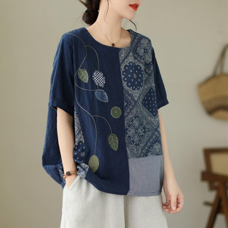 Retro Literary and Artistic Printed Leaf Shirt Stitching Embroidery Short-sleeved T-shirt Loose Casual Large Size Top