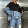 Women's Black Top with Denim Sleeve Patchwork Design