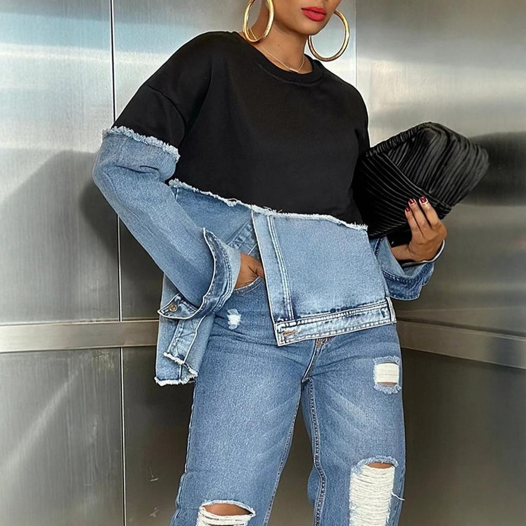 Women's Black Top with Denim Sleeve Patchwork Design