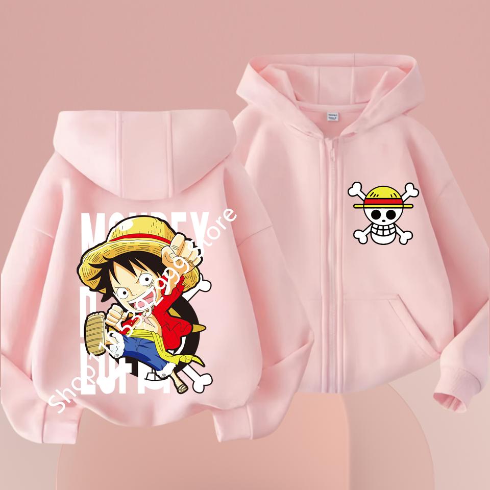 2026 Ny Børne Anime One Piece Luffy Lynlås Hættetrøje Jakke 3-12År Afslappet Langærmet Sweatshirt Efterår
