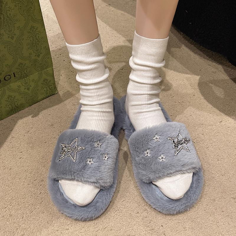 Leisure Slippers Woman Casual Flat Low Heels Sweet Basic Shoes for Women Solid Pearl Fur Slip On Star Winter Slides Plus Size