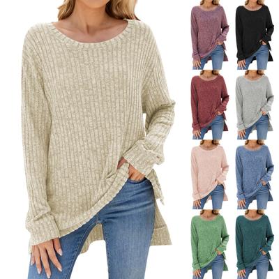 Moda Femenina Casual Color Sólido Abertura en el Bajo Cuello Redondo Manga Larga Jersey