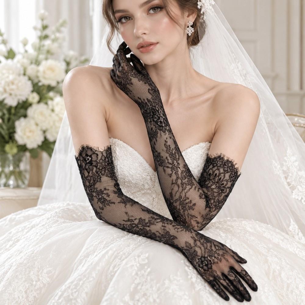 Elbow Length Sheer Lace Bridal Gloves Long Prom Glove Tulle Gloves  Bride Dinner Party Evening