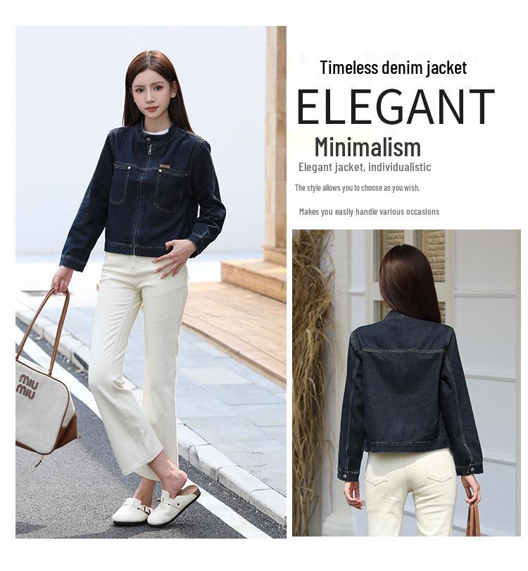 French-Style Distressed Stand Collar Zipper Motorcycle Denim Jacket