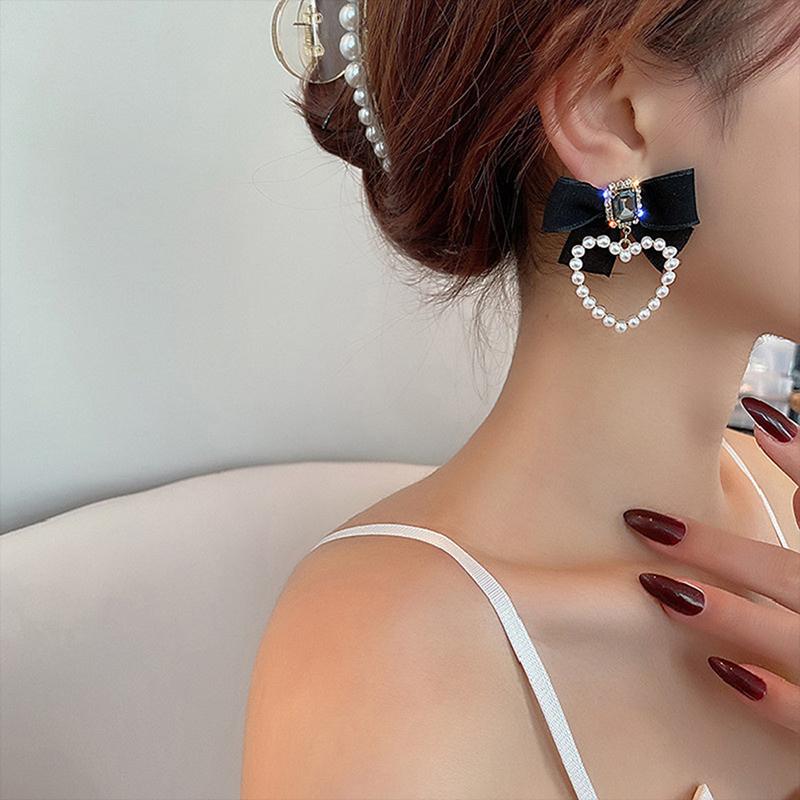 Black Bow Square  Earrings Women Elegant Pearl Heart Jewelry Gifts