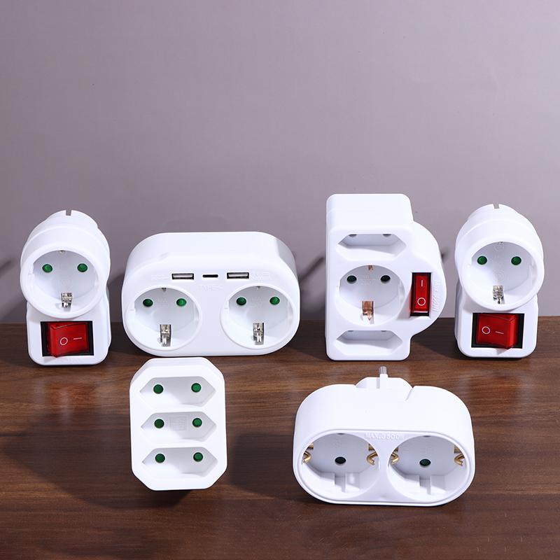 1 To 3 Plug Eu Socket Adapter With Switch 16A Plug Adapter Travel Charging German Standard Power Converter For Portugal Turkey