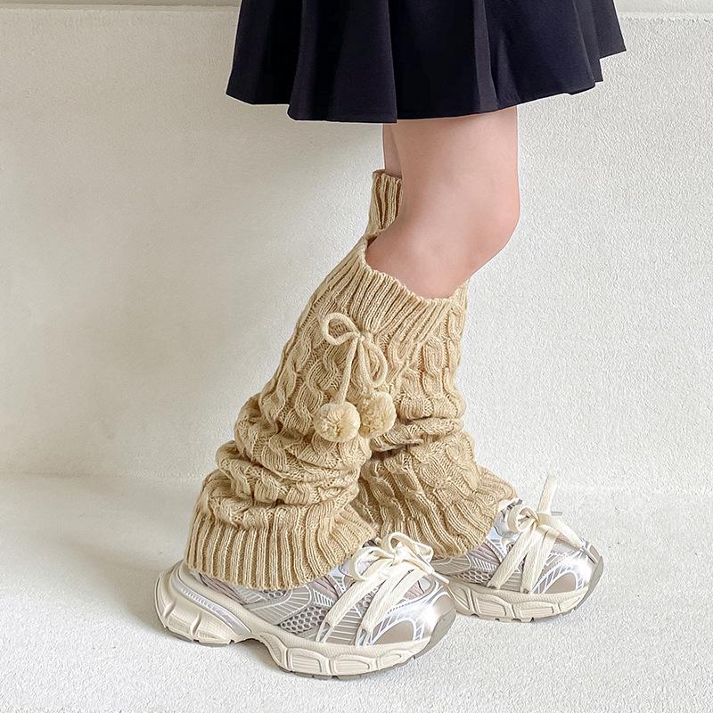 Korean Style Cable Knit Pom Pom Children's Leg Warmers - Autumn/Winter Fashion Slouch Socks for Baby Girls