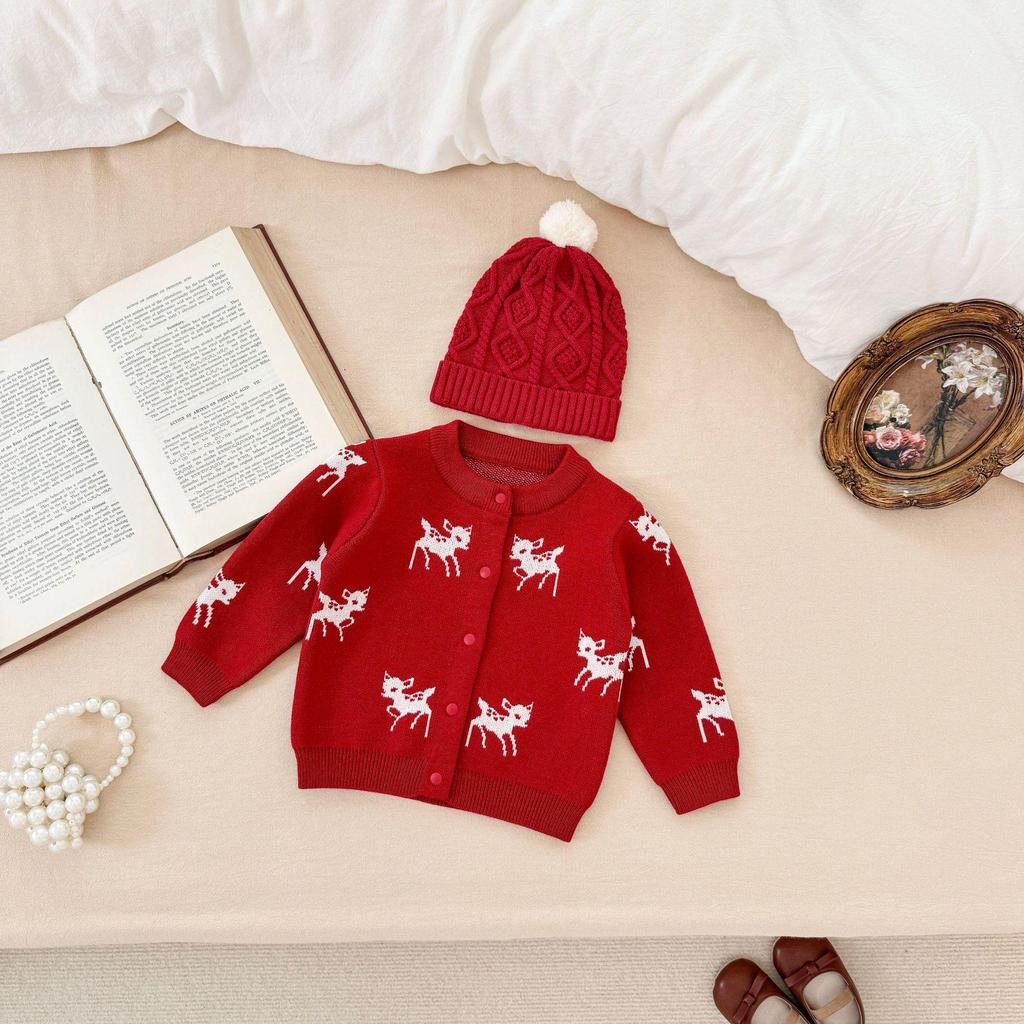 Baby Hirsch Jacquard Strick Strampler & Strickjacke Set für Jungen und Mädchen - Herbst/Winter
