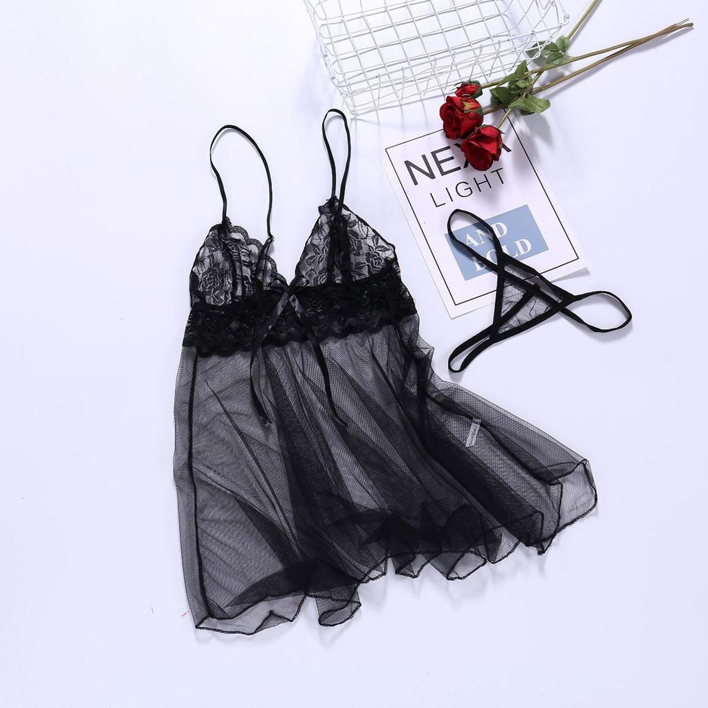 Fun Lingerie Sexy Dessous Schlafkleid mit Schlitz vorne, Sexy Babydoll Damen Dessous Sexy Spitzen-String Unterwäsche Nachtwäsche