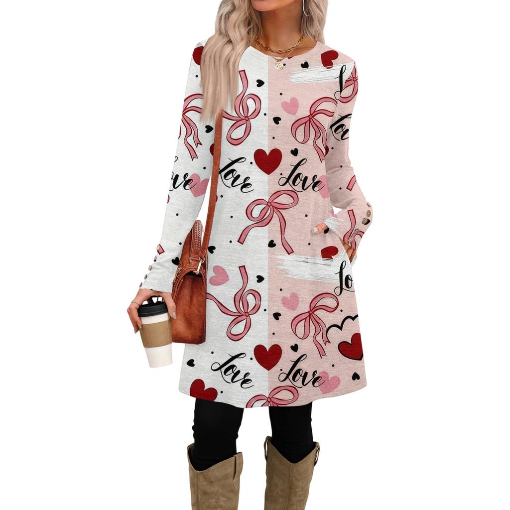 Women's Fashion Casual Pocket Decorative Button Dress Round Neck Long Sleeve Printed Dress