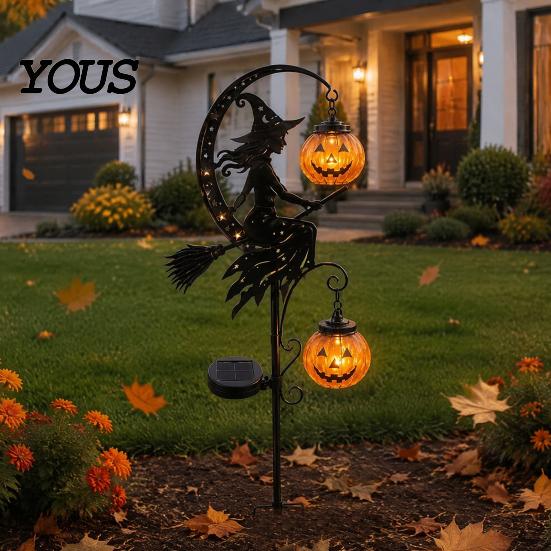 Metall-Rasenornamente für den Garten, Solarbetrieben, Halloween-Hexe, Kürbis, Erdspieß-Licht, Besen, Mond, Saisonale Außenatmosphärenlichter, Statue, Skulptur