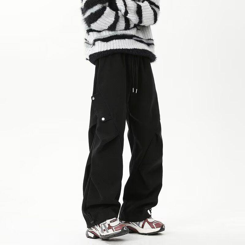 Men's Trendy Spring/Autumn Pleated Wide-Leg Overalls - Stylish, Handsome, and Casual Straight-Leg Trousers.