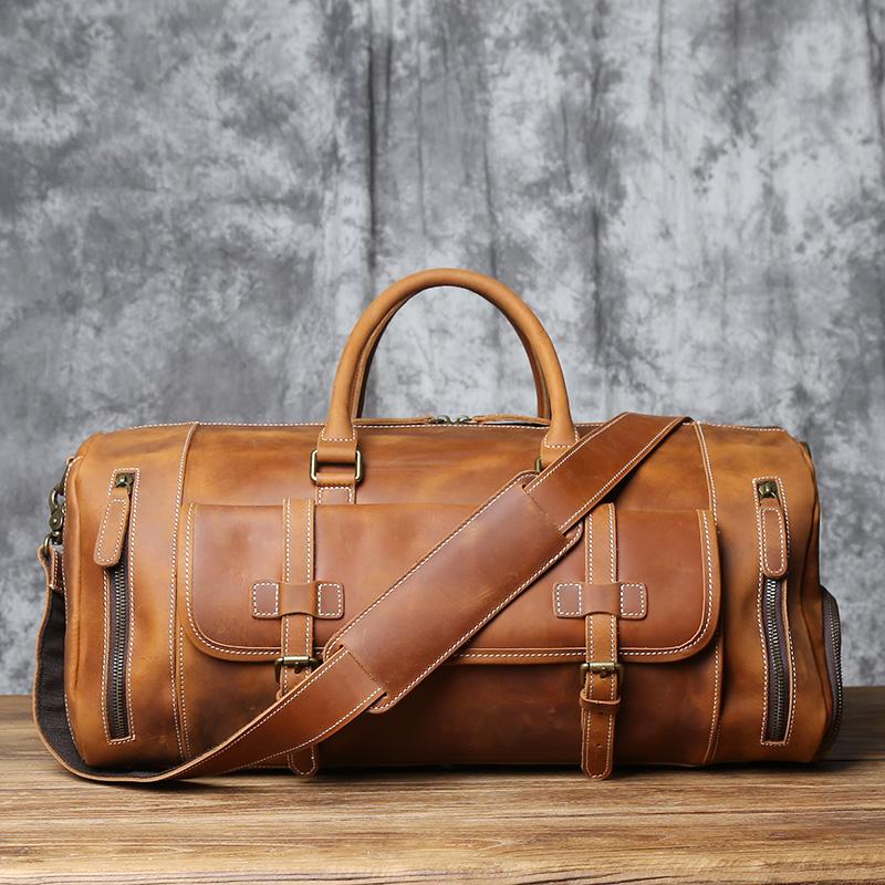 

NZPJ Vintage Genuine Leather Men s Travel Bag Crazy Horse Leather Duffel Bag Large Capacity Top-Layer Cowhide Handbag Crossbody