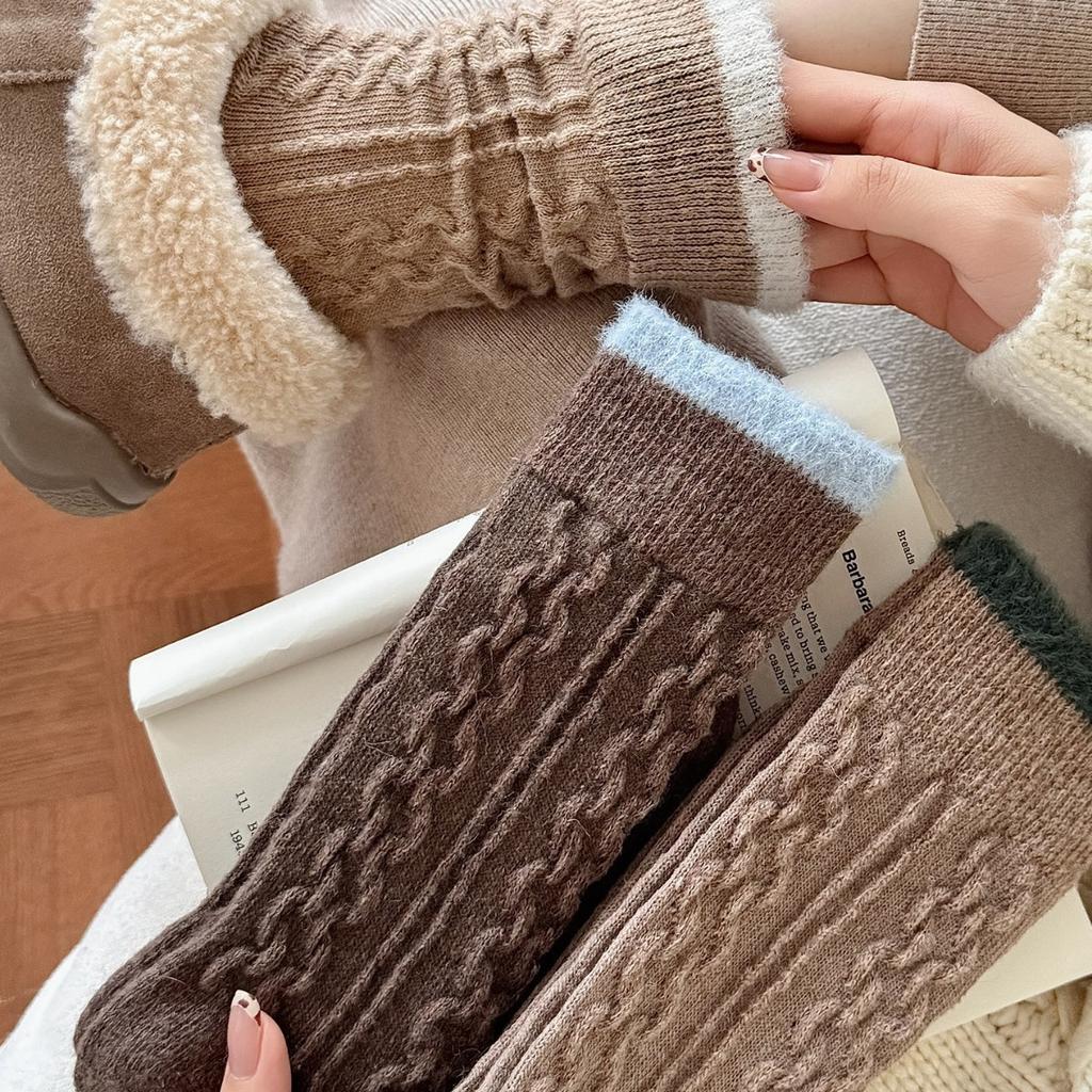Wool Socks Children'S Warm Thickened Socks Fleece Medium Tube Socks Contrast Twist Striped Stacking Socks