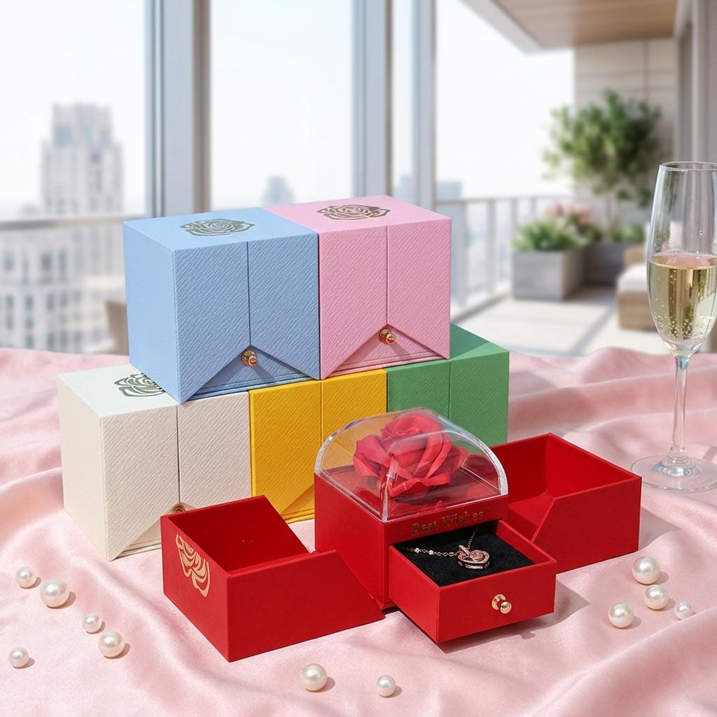 Jewelry Brand Packaging Box Double Door Eternal Rose Case Custom Foil Stamped Logo Velvet Ring Necklace Holder Factory Price