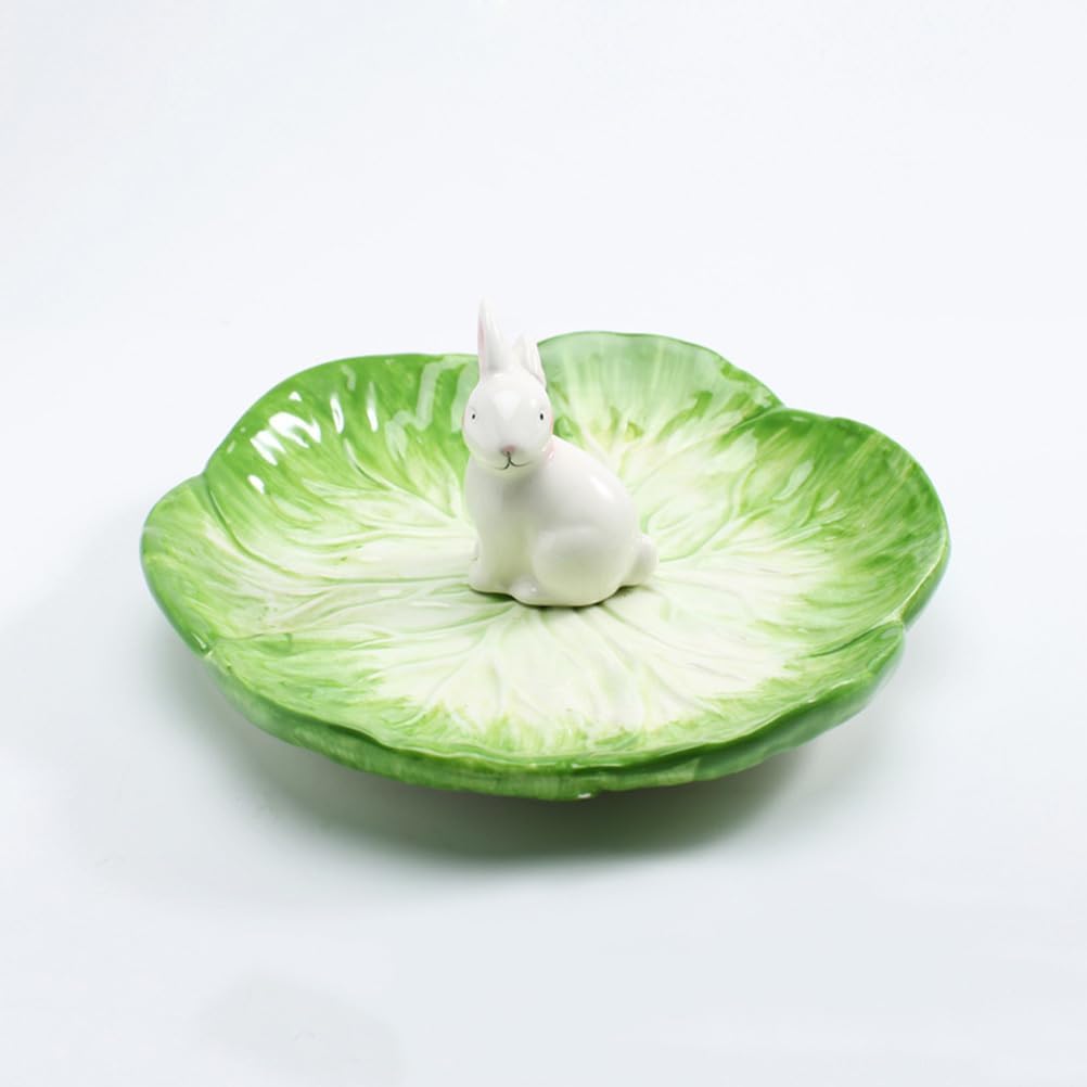 Housoutil Ceramic Rabbit Plates, Easter Cabbage Plate, Green Easter Serving Tray for Dessert Fruit Salad Snacks