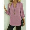 Casual V Neck Large Size Loose Women Blouse Fashion Elegant Tops Pocket Short Sleeve Simple Office Shirts Spring Solid Color Cothing