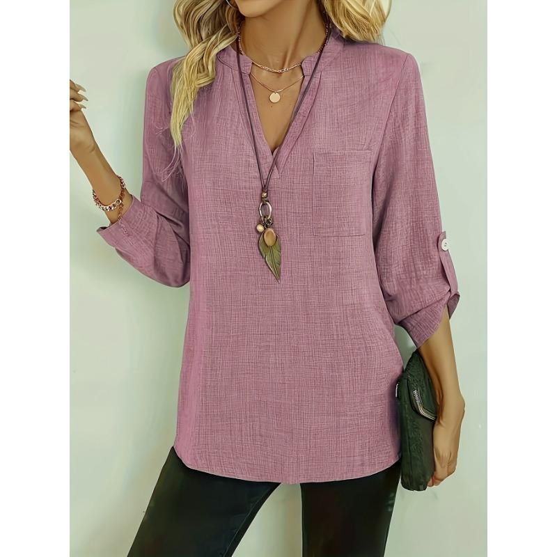 Casual V Neck Large Size Loose Women Blouse Fashion Elegant Tops Pocket Short Sleeve Simple Office Shirts Spring Solid Color Cothing