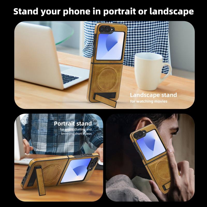 Capa Shell de Couro Empresarial com Carregamento Sem Fio 2 peças Para Samsung Galaxy Z Flip6 Flip5 Flip4 Flip3 Magnética À Prova de Choque Dobrável Suporte Capa de Telefone