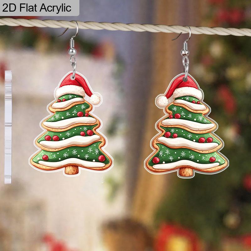2D Flat Christmas Tree Christmas Hat Dangle Earrings, Lightweight Acrylic Material,  Ideal for Party Gifts, Jewelry, and Christmas Gifts.