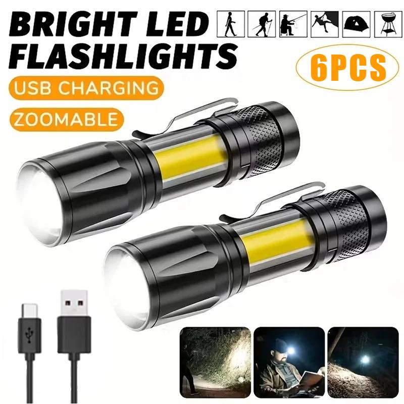 Powerful Mini LED Flashlight COB XPE Zoom Torch Built-in Battery USB Rechargeable with Pen Clip for Outdoor Camping Hiking Emergency Daily Use Light