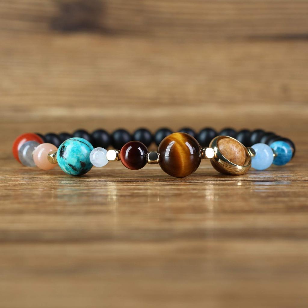 Koai Mattschwarzes Onyx-Sonnensystem-Motiv Kraftstein-Armband für Männer und Frauen