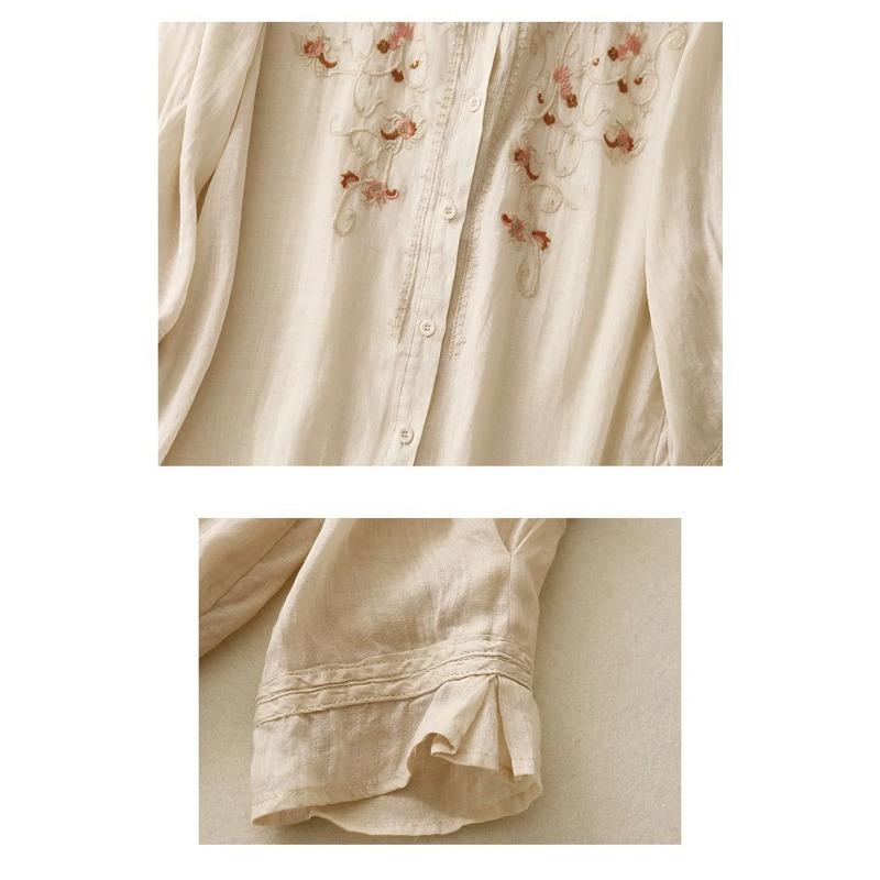 Literary Floral Embroidery Women O Neck Linen Long Shirts Loose Summer Blouses Sum Protection Casual