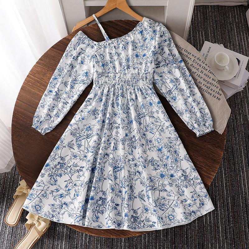 Girls' Fashion Dress 2025 Autumn Children's Single-shoulder Strappy Long-sleeved Princess Dress