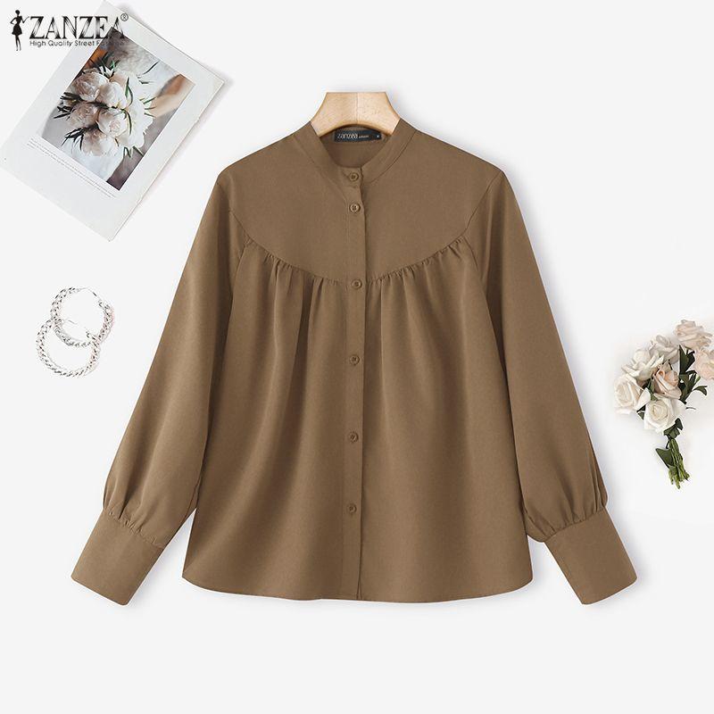 ZANZEA Women Casual Round Neck Solid Color Long Sleeve Blouse