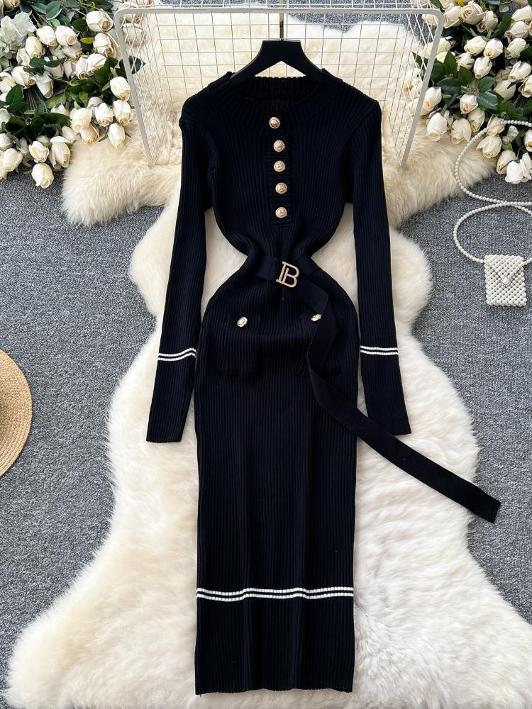 Autumn Korean Fashion Classy Sweater Dress Women Metal Breasted Belt Bodycon Long Dress Female Design Outdoor Knitted Clothing