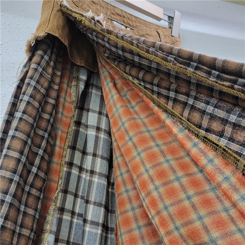 Womens Patchwork Plaid Denim Midi Skirt High Waist A-Line Slim Fit Street Style