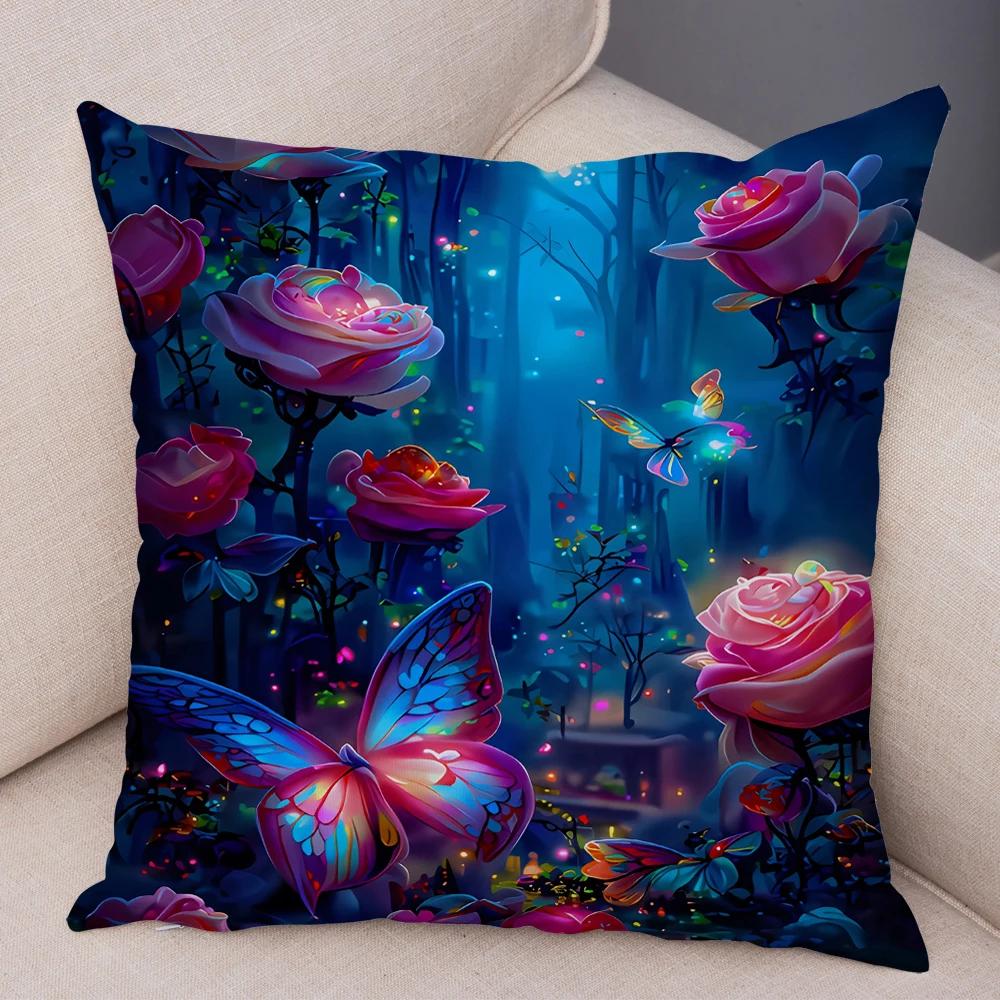 Tecknad Blomma Fjäril Djur Kuddfodral Dekor Blomma Kuddfodral för Soffa Hem Bil Fantasi Skog Mjuk Plysch Kuddfodral