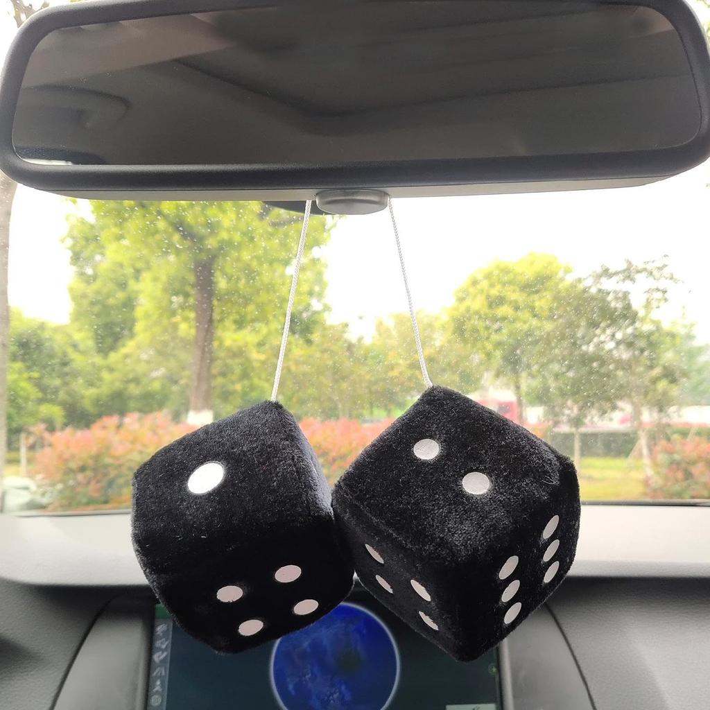 Fluffy Plush Dice for Car Mirror - Retro Square Miller - Pair of Hanging
