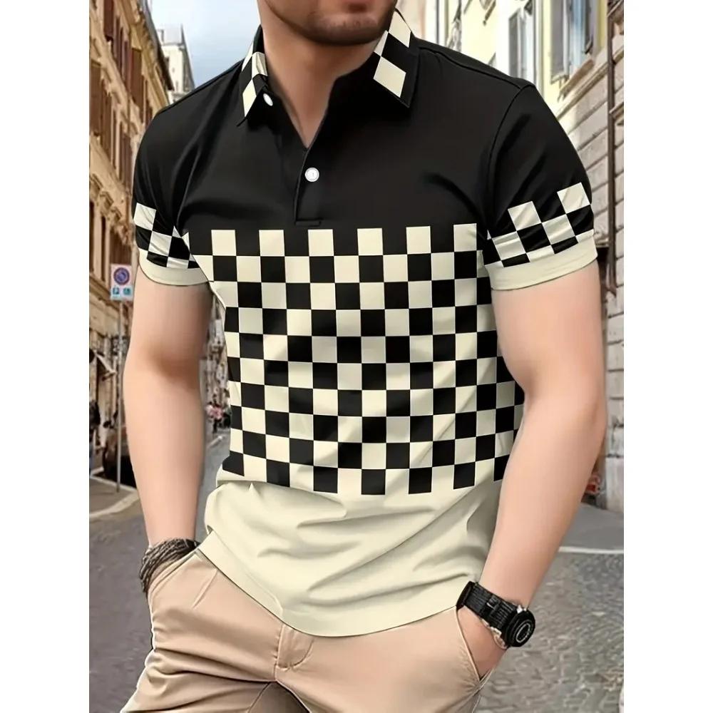 Black White Checkered Polo Shirt Men Short Sleeve Casual Breathable Slim Fit Streetwear Fashion Summer Top For Daily Male Shirts