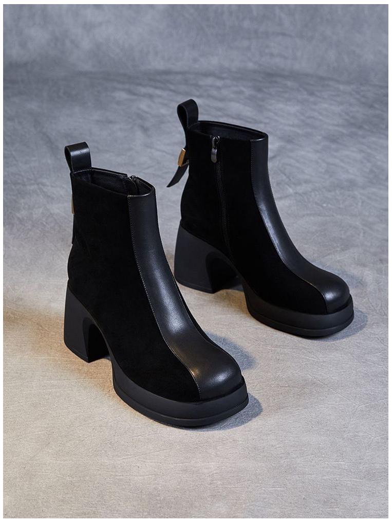 Korean Style Slimming Square Toe Suede Ankle Boots - Women's Thick Sole Platform Sock Boots for Autumn/Winter