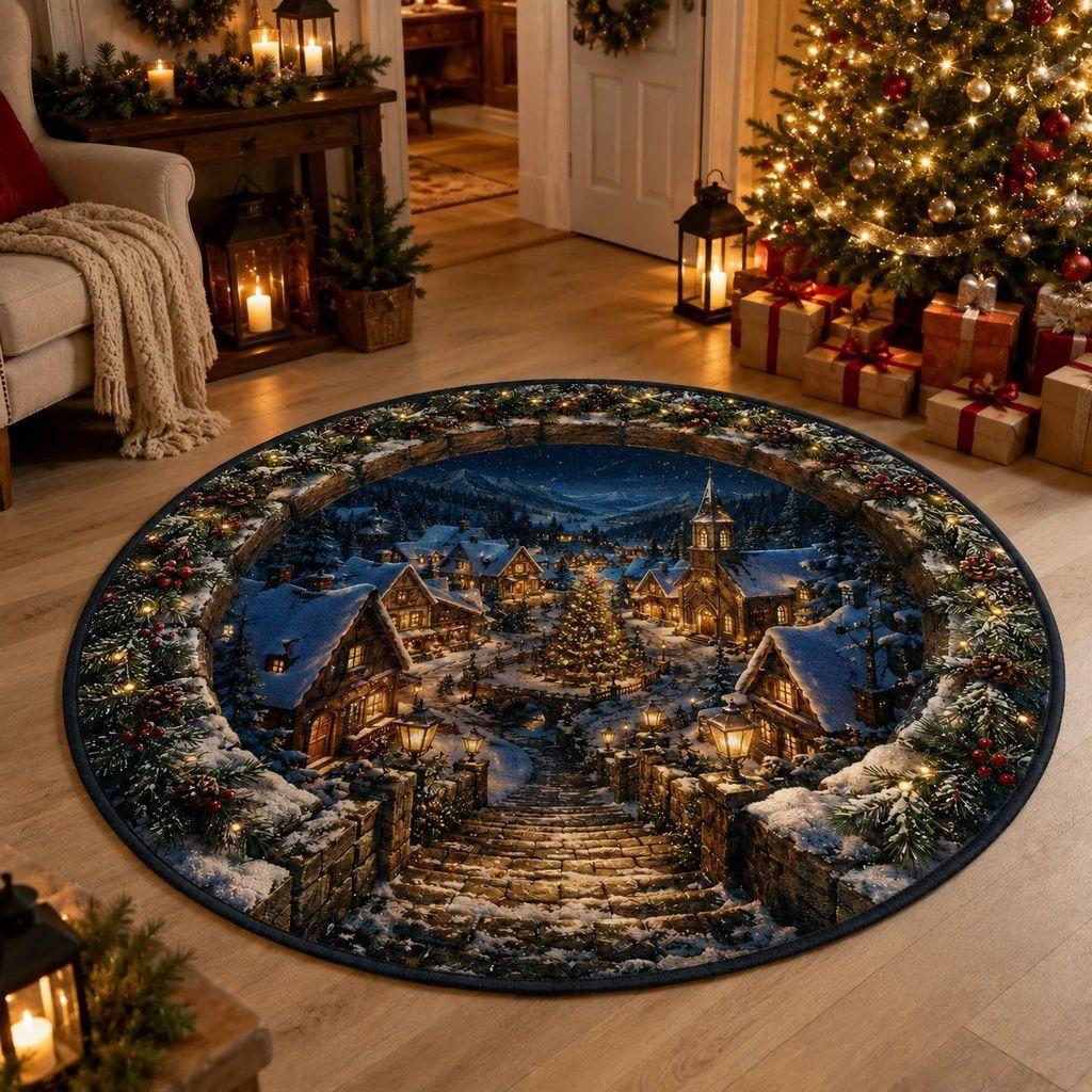 Christmas Cartoon Round Rug Waterresistant Carpet For Living Room Decor