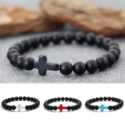 Bohemian Cross Bracelet For Men 8mm Onyx Stone Strand Braslet Beach Camping Casual Accessories Healing Prayer Meditation Pulsera