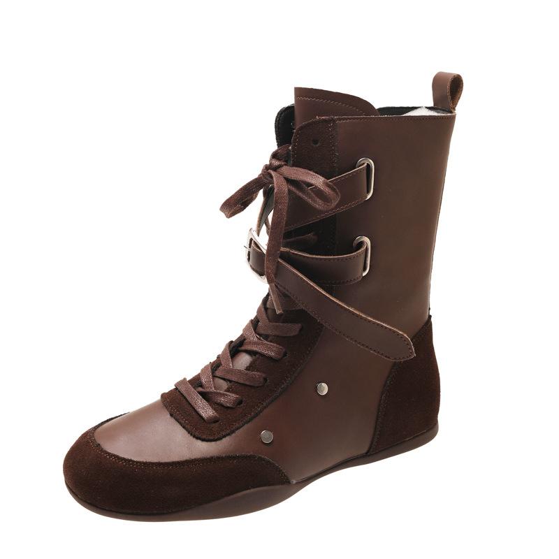 Yueyu Light Luxury Boxing Boots Strap Side Zipper Martin Boots Belt Buckle Short Boots Martin Boots Flat Bottom Fashion Boots Women